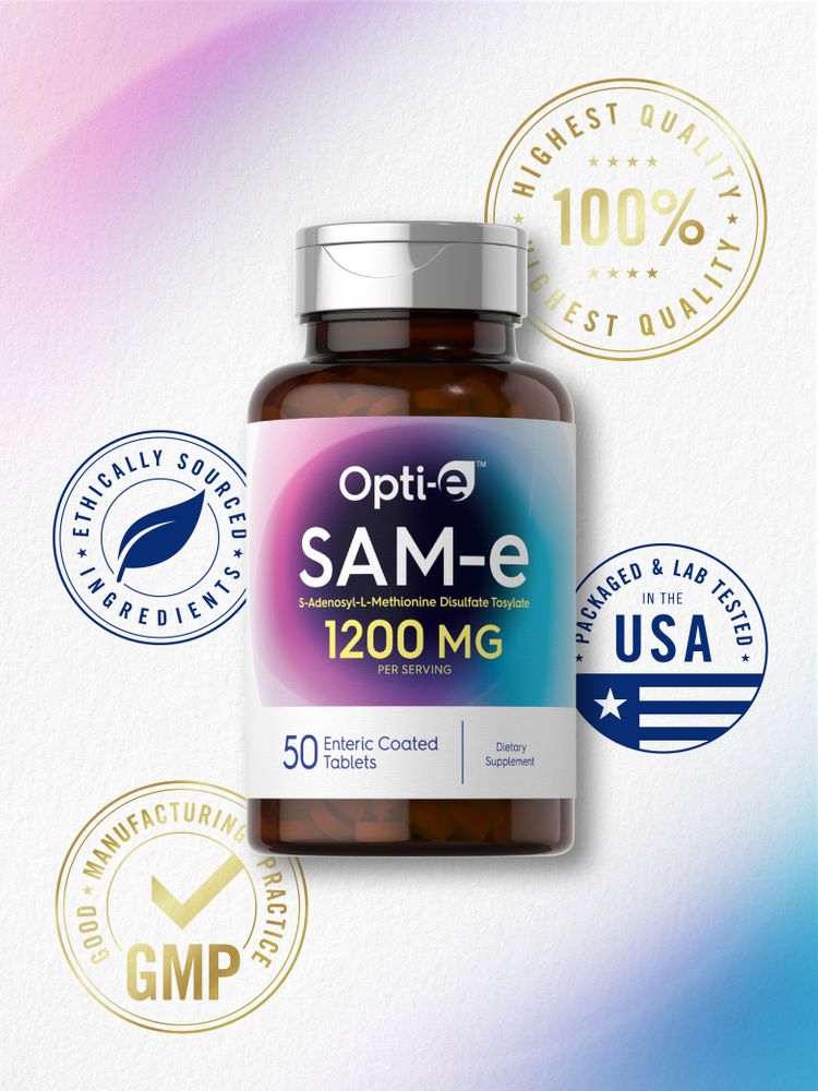 Hand holding Opti-E SAM-e 1200 mg Enteric Coated Tablets, 50 count bottle, indicating product scale and packaging details.