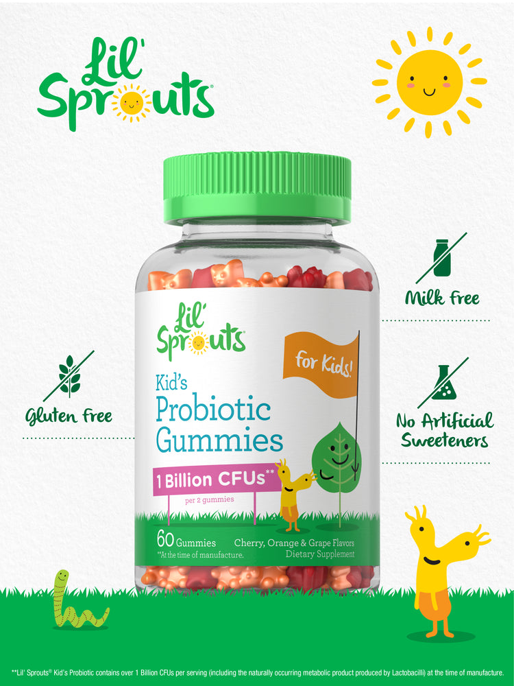 Kids Probiotic Gummies bottle with icons indicating gluten free, milk free, and no artificial sweeteners.