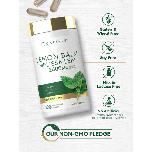 View 5 Lemon Balm bottle with icons indicating Gluten & Wheat Free, Soy Free, Milk & Lactose Free, No Artificial Flavors, Non-GMO.