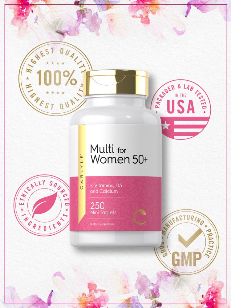 Carlyle Multi for Women 50+ bottle containing 250 mini tablets.