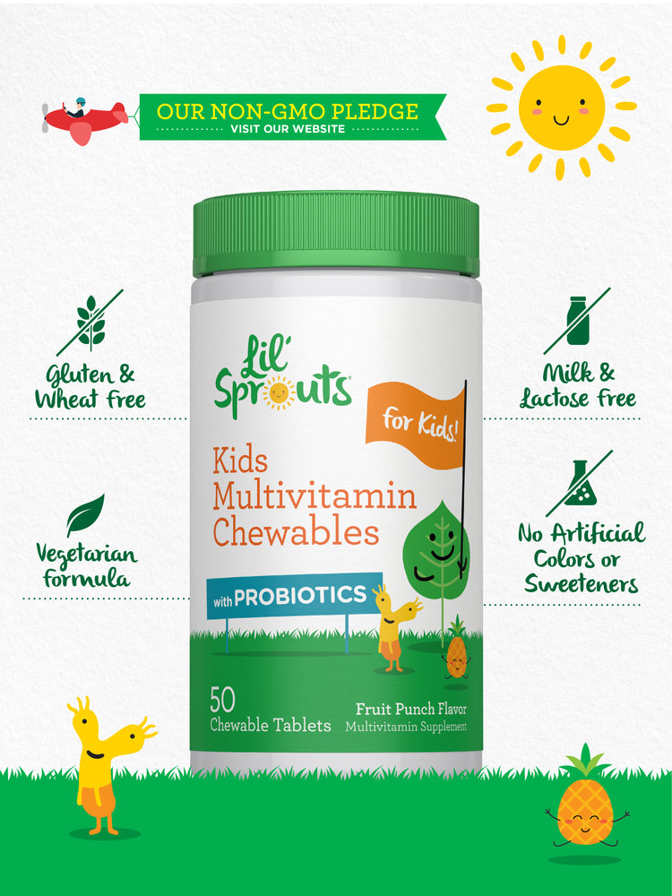 Kids Multivitamin bottle: Gluten and wheat free, vegetarian, milk and lactose free, no artificial colors or sweeteners.
