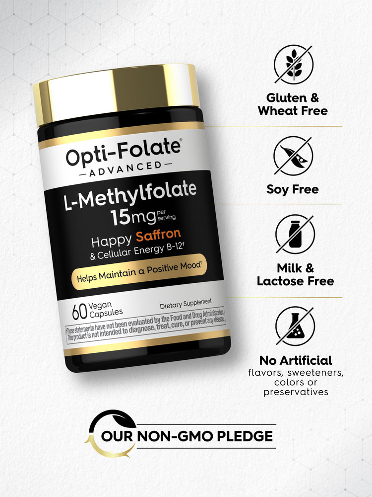 Methylfolate bottle: Gluten & Wheat Free, Soy Free, Milk & Lactose Free, No Artificial Flavors/Sweeteners/Colors/Preservatives, Non-GMO