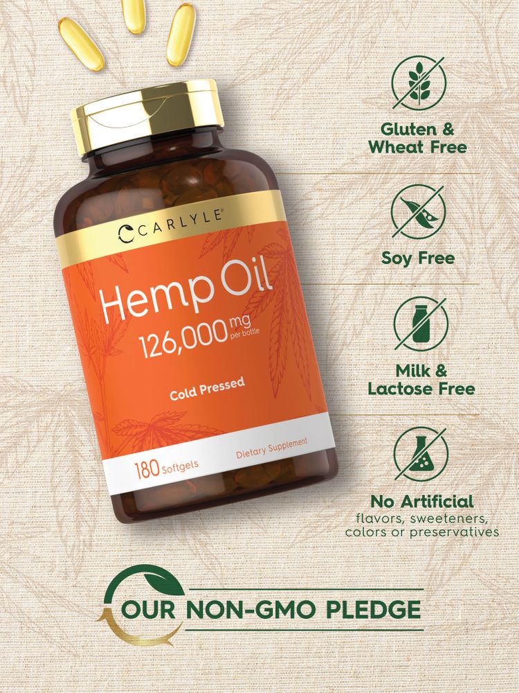 Hemp Oil 126,000 mg bottle containing 180 softgels, displayed on a hand scale.