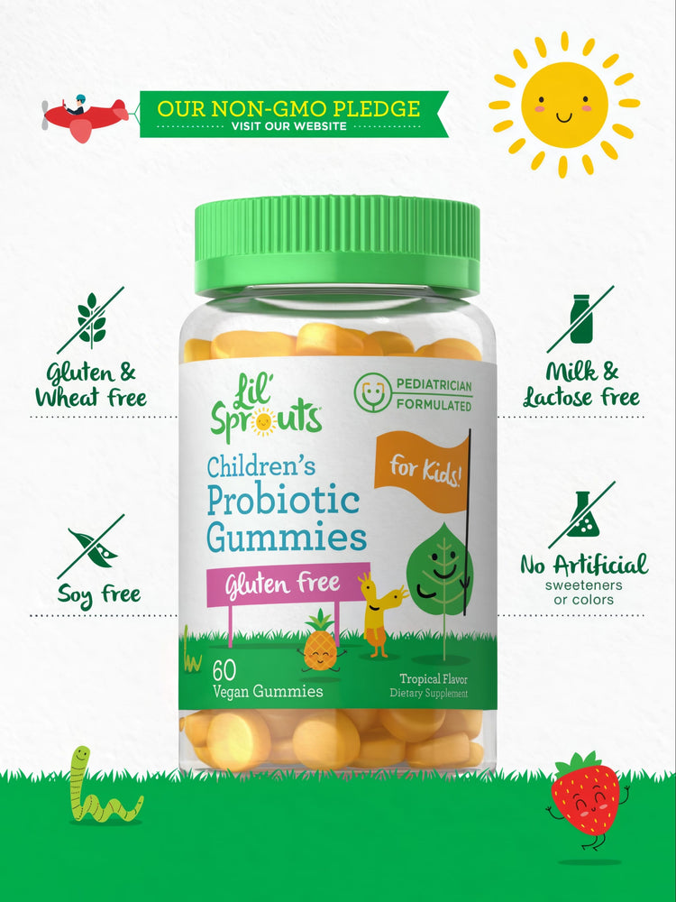 Clear bottle of Lil' Sprouts Children's Probiotic Gummies showing 60 yellow vegan gummies inside, suitable for kids.