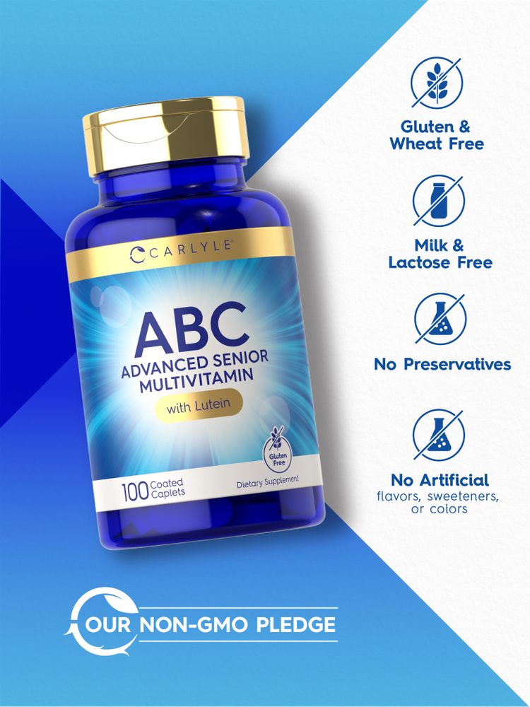 ABC Multi bottle: Gluten & Wheat Free, Milk & Lactose Free, No Preservatives, No Artificial Flavors/Sweeteners/Colors, OUR NON-GMO PLEDGE.