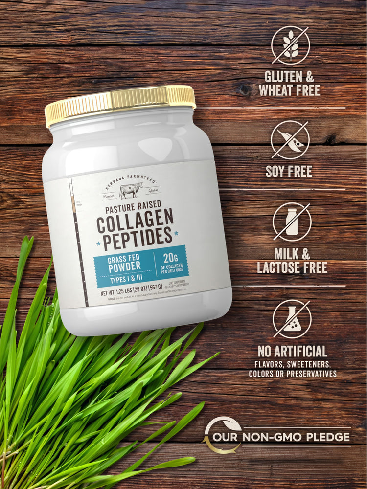 Herbage Farmstead Pasture Raised Collagen Peptides, Grass Fed Powder with a net weight of 1.25 lbs (20 oz or 567 g).
