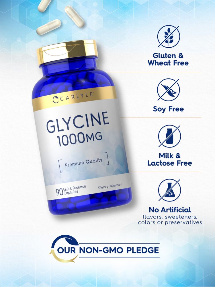 Carlyle Glycine 1000 mg, 90 Quick Release Capsules, bottle with white capsules scattered nearby.