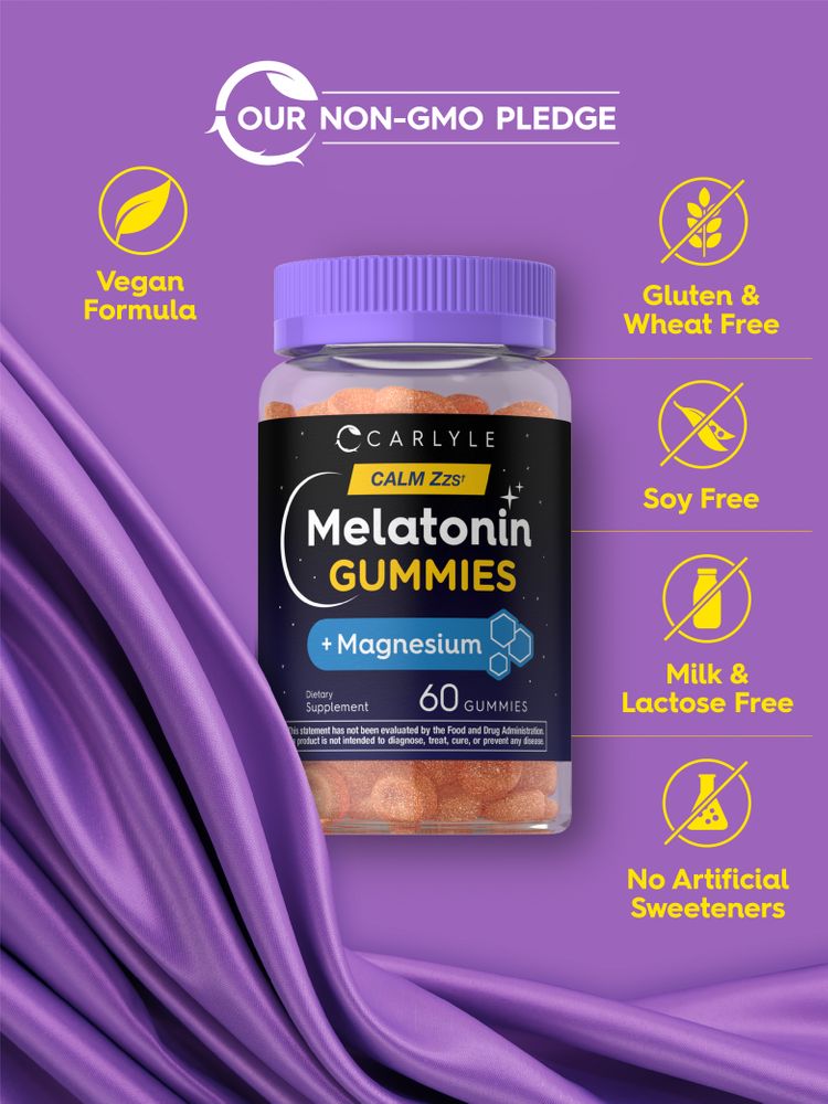 Melatonin + Magnesium bottle: Non-GMO, Vegan Formula, Gluten & Wheat Free, Soy Free, Milk & Lactose Free, No Artificial Sweeteners