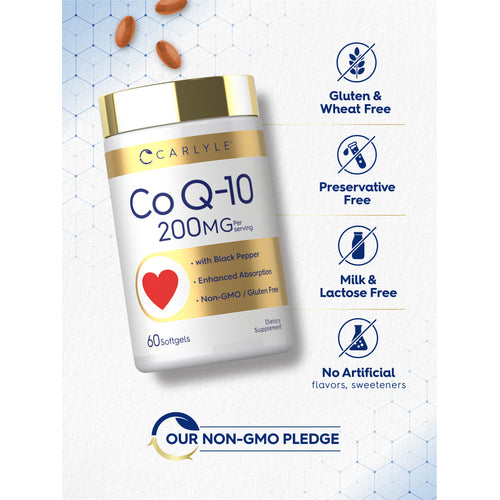View 5 Co Q-10 bottle with icons indicating Gluten & Wheat Free, Preservative Free, Milk & Lactose Free, No Artificial Flavors, Non-GMO.
