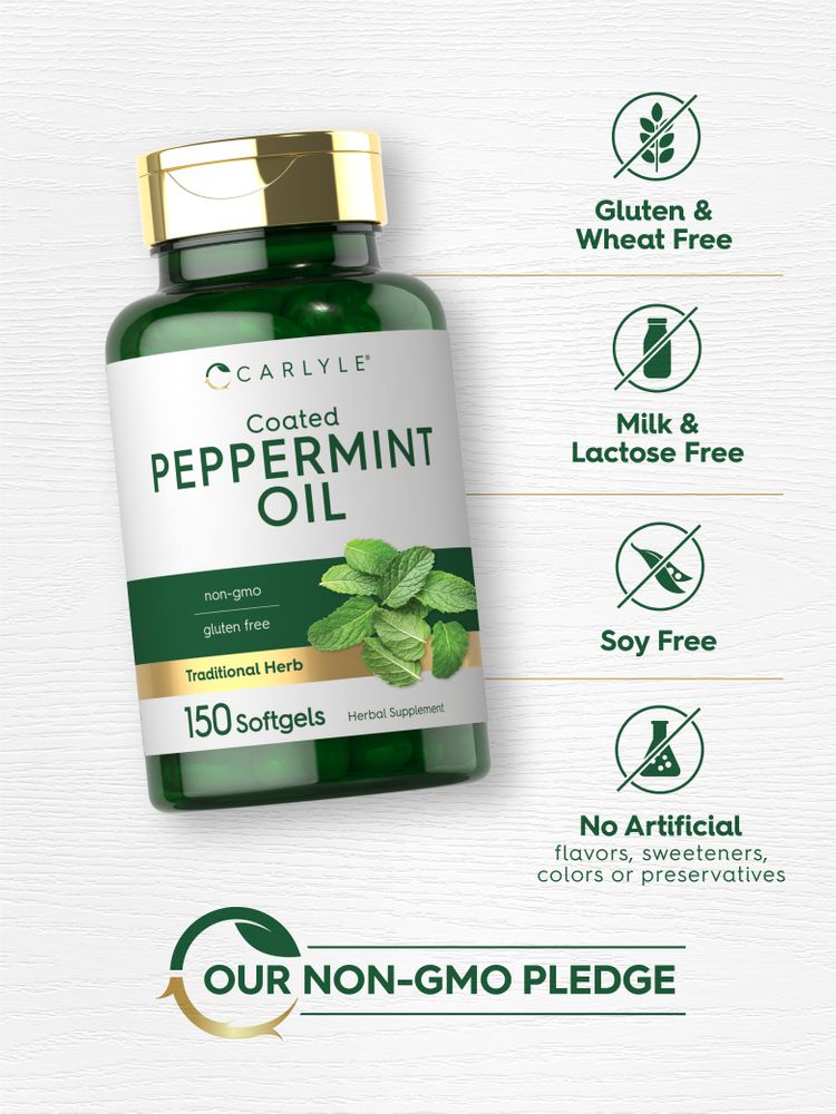 Peppermint Oil bottle: Gluten & Wheat Free, Milk & Lactose Free, Soy Free, No Artificial Flavors/Sweeteners/Colors/Preservatives, Our Non-GMO Pledge
