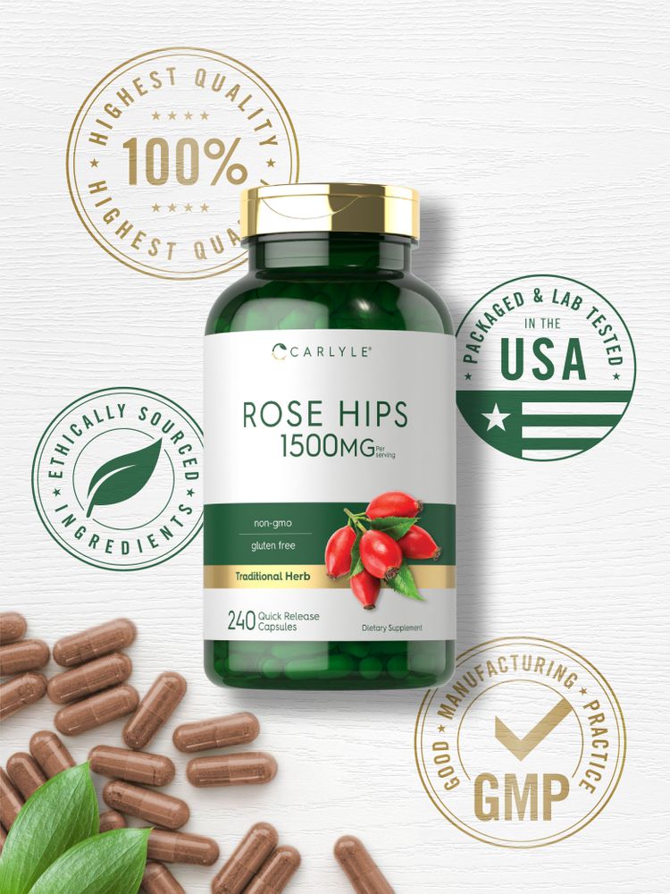 Brown Rose Hips 1500mg Quick Release Capsules scattered near green leaves with a hand scale.