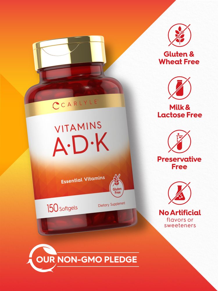 Carlyle Vitamins A, D, and K supplement contains 150 softgels.