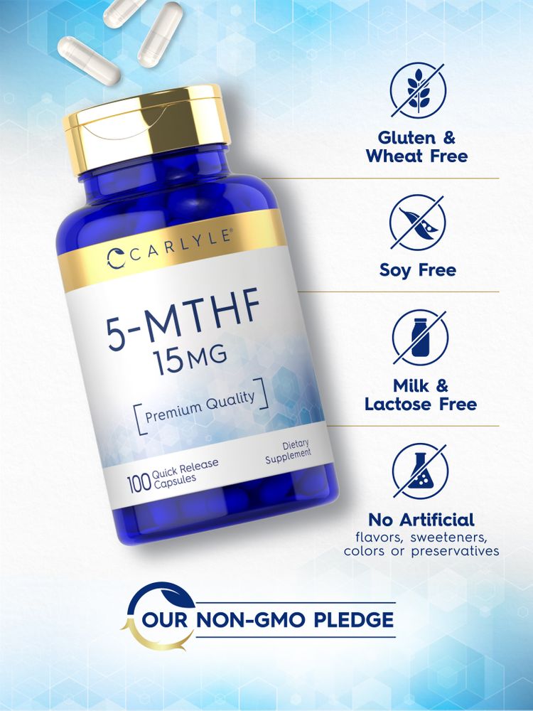 Carlyle 5-MTHF 15 mg, 100 Quick Release Capsules in a blue bottle with several capsules shown floating nearby.