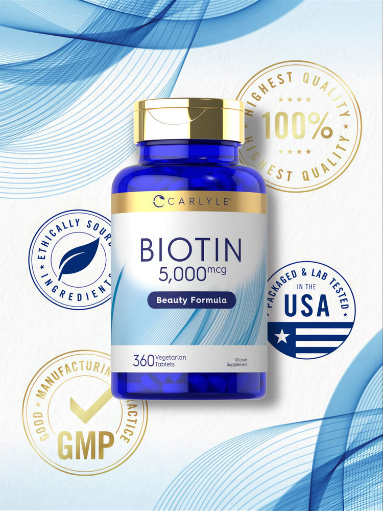 Carlyle Biotin 5,000 mcg, 360 Vegetarian Tablets on a hand scale. Bottle is displayed with bulk product quantity emphasized.