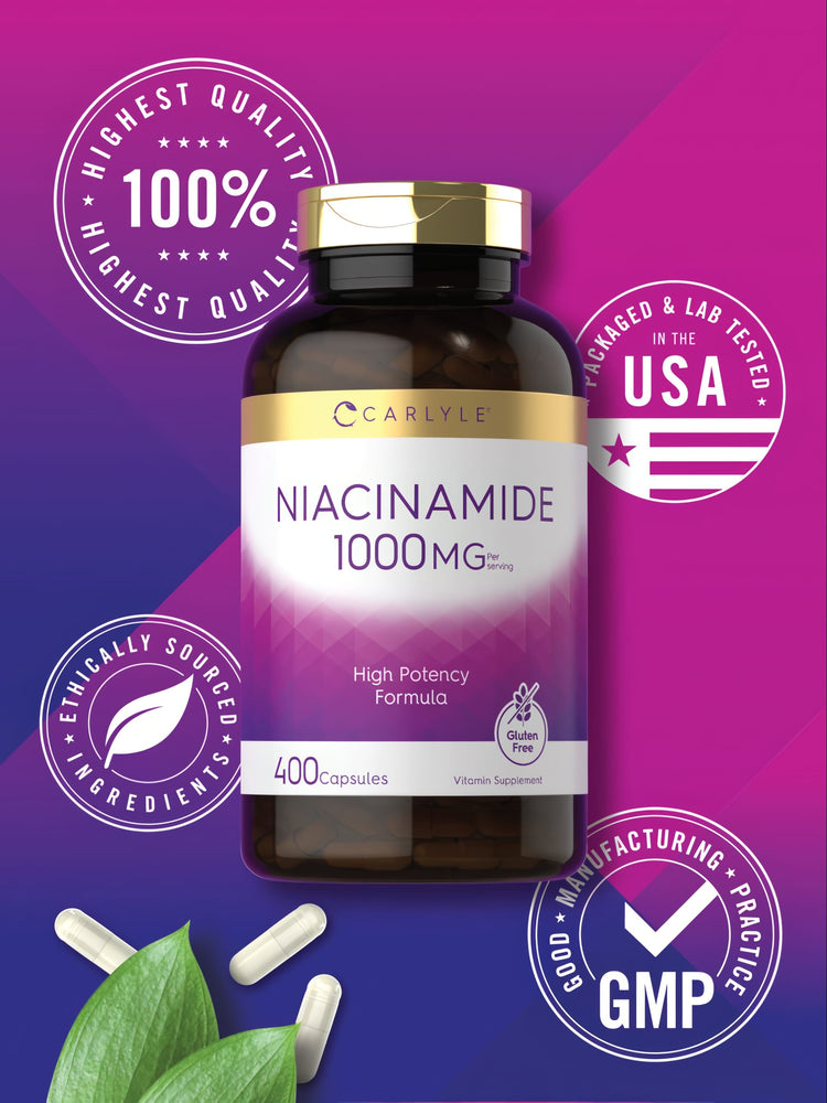 Hand holding a bulk scale showing Niacinamide 1000 mg capsules.