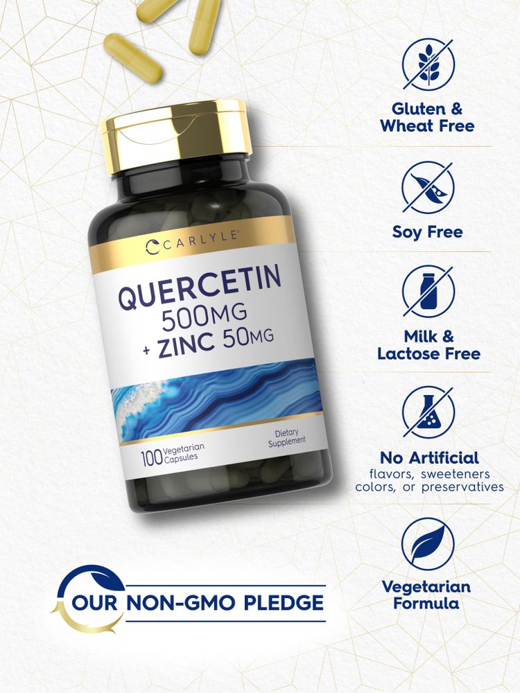 Carlyle Quercetin 500mg + Zinc 50mg bottle of 100 capsules with scattered yellow capsules nearby.