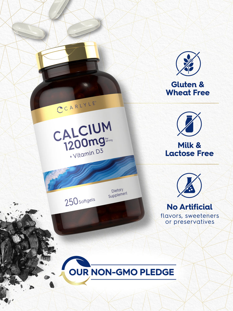 This product offers calcium 1200mg per serving with Vitamin D3, available in a bottle of 250 softgels.