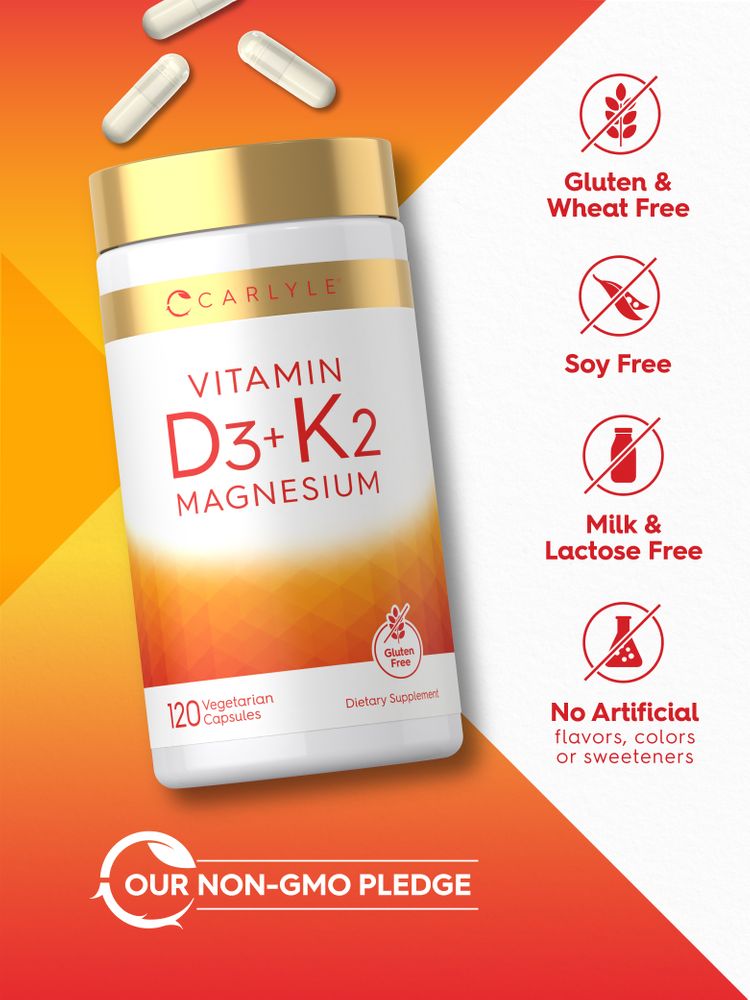 White vegetarian capsules labeled CL D3, K2, and Magnesium in an open hand, highlighting supplement combination.