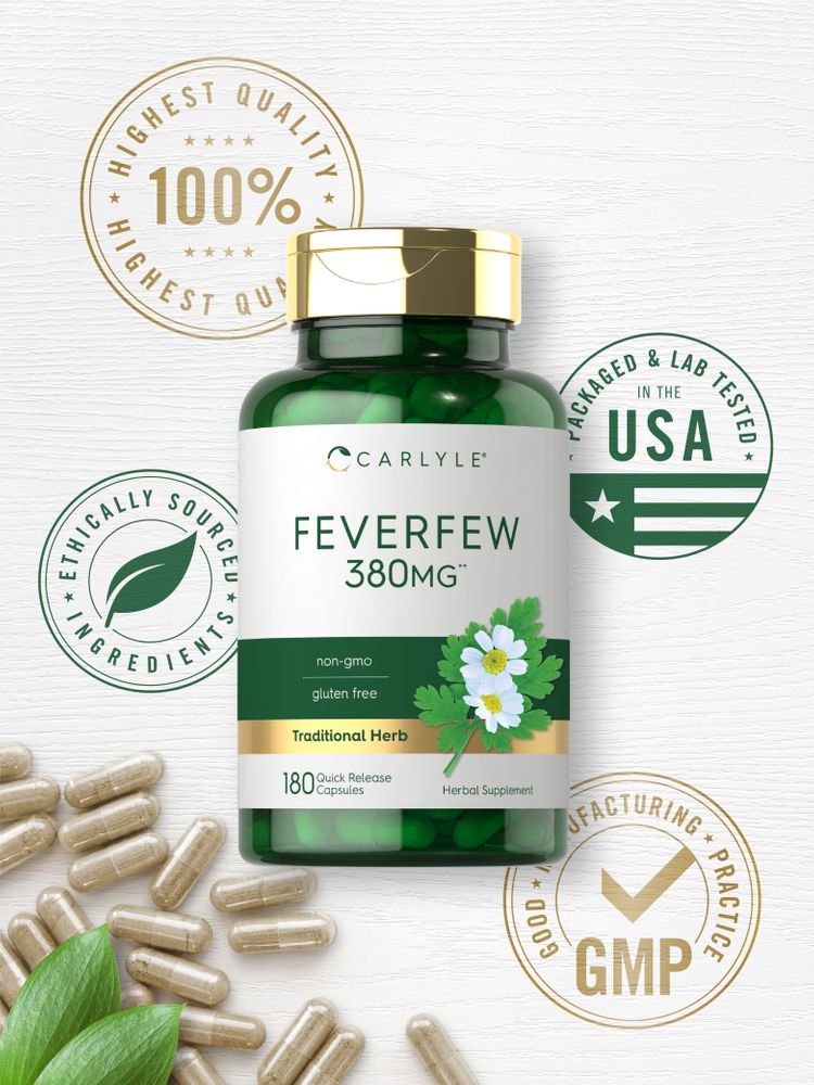 Feverfew 380 mg Quick Release Capsules in bulk with hand scale for size reference.