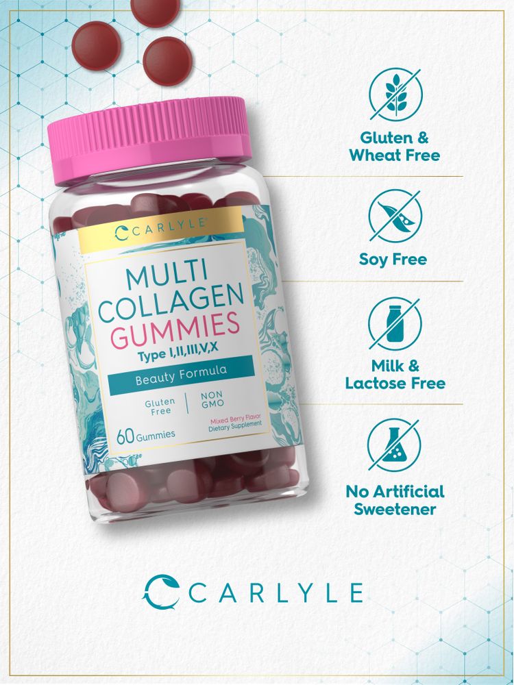 Carlyle Multi Collagen 60 Gummies depicted as dark red, round gummies in bulk, highlighting their distinctive shape and color.
