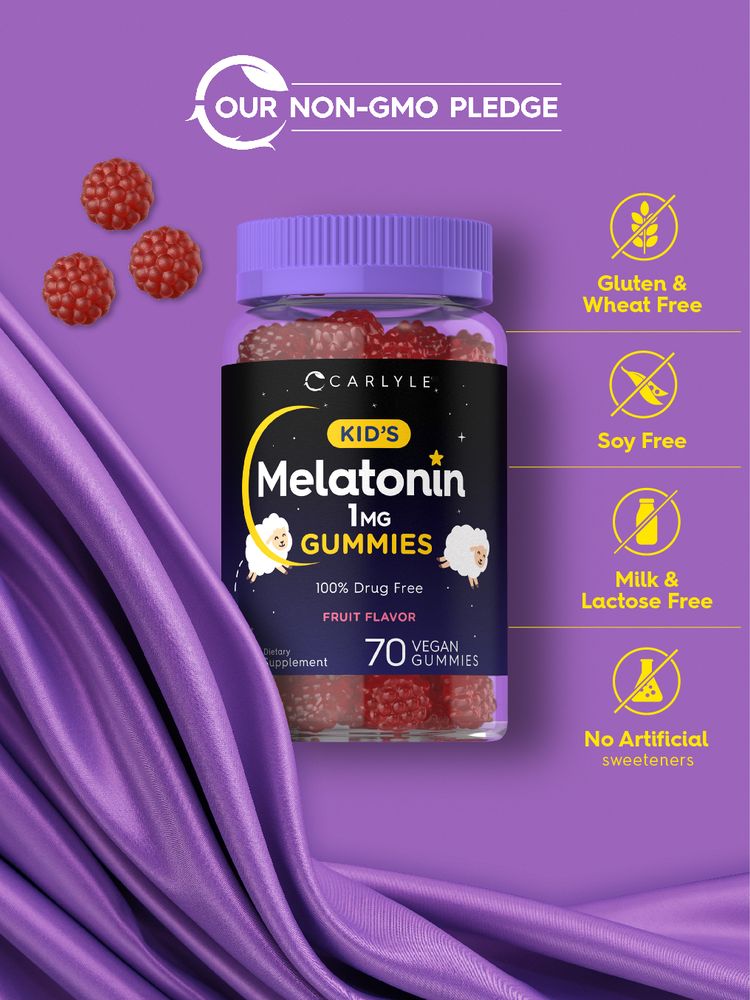 Carlyle Kid's Melatonin 1mg vegan gummies in a jar, with three red raspberry-shaped gummies displayed.