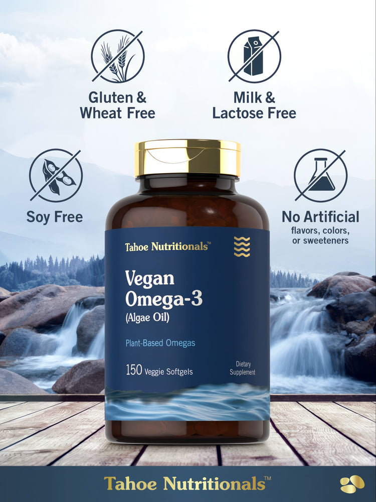 Tahoe Nutritionals Vegan Omega-3 Algae Oil, 150 veggie softgels on a hand scale.