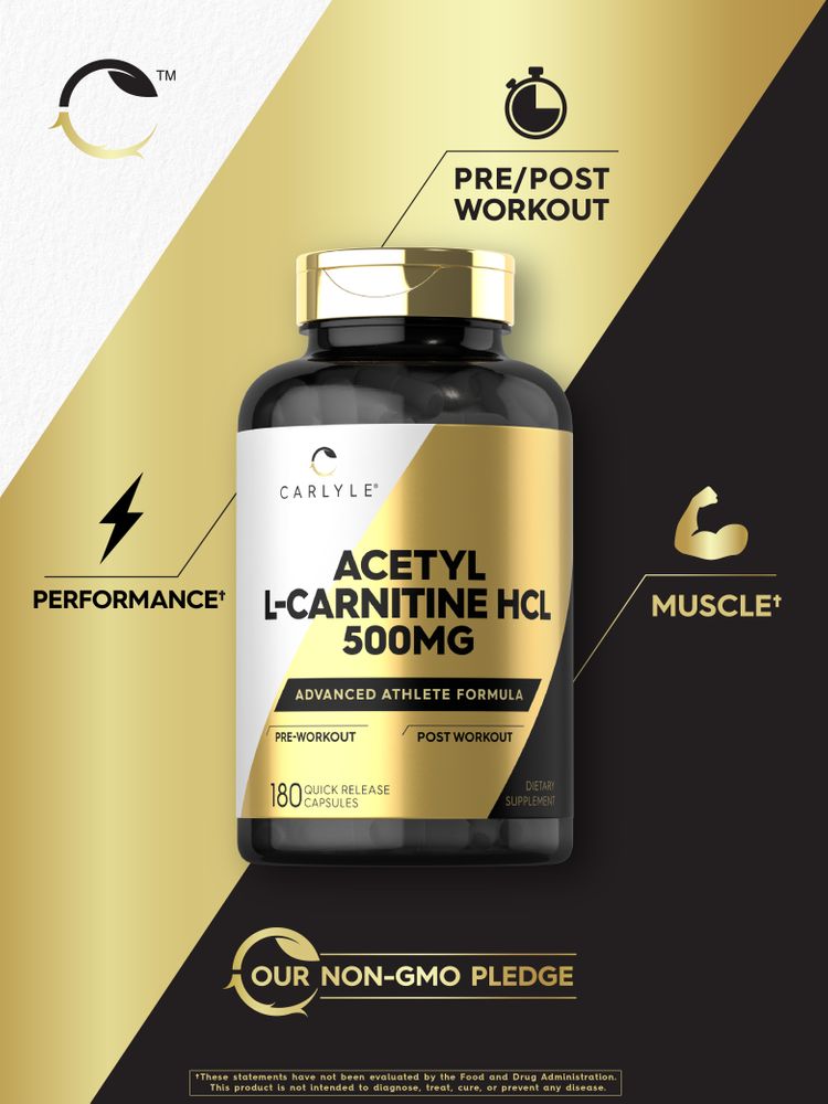 A bottle of Carlyle Acetyl L-Carnitine HCl 500mg with 180 quick release capsules shown on a hand scale.
