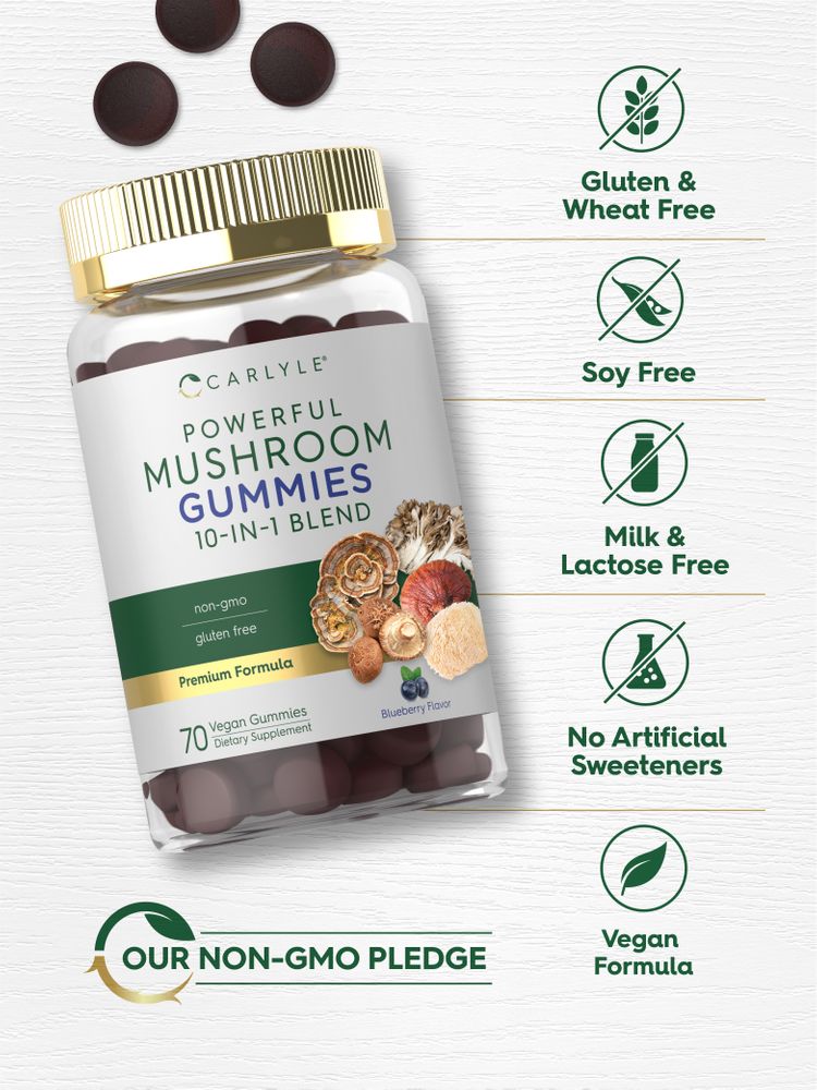 Dark round mushroom gummies poured from a jar of Carlyle Powerful Mushroom Gummies, containing 70 vegan pieces.