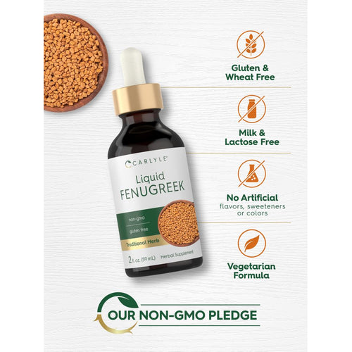 View 5 Fenugreek seeds in a wooden bowl beside a 2 fl oz bottle of Carlyle Liquid Fenugreek.