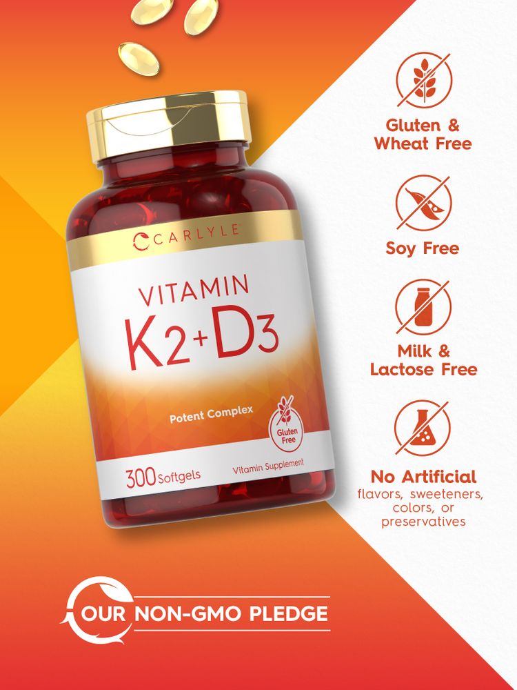 Carlyle Vitamin K2+D3 yellow oval softgels are displayed on a hand for scale, showing size and color.