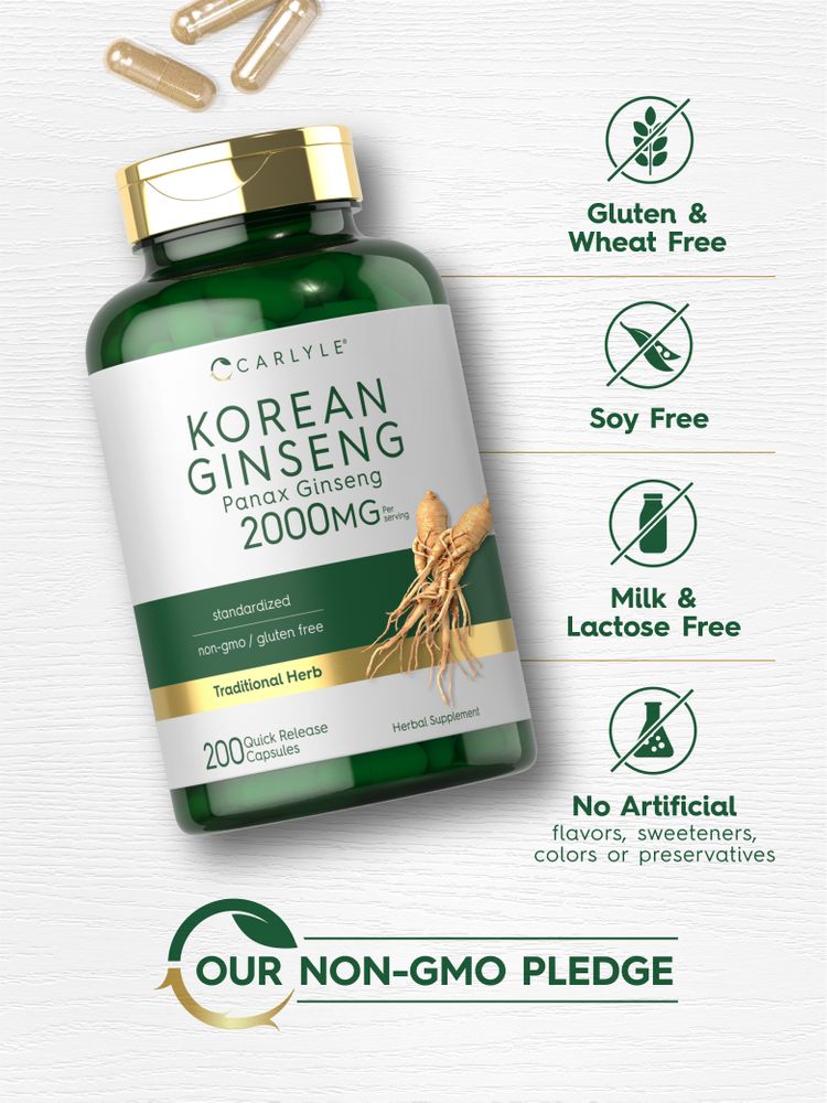 A hand holding a bulk scale with 200 light brown Korean Ginseng Quick Release Capsules.