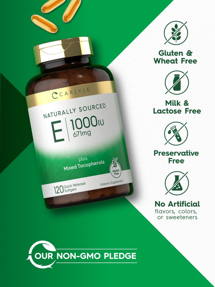 Four golden quick release softgels on hand scale, each containing Vitamin E 1000 IU 671mg.