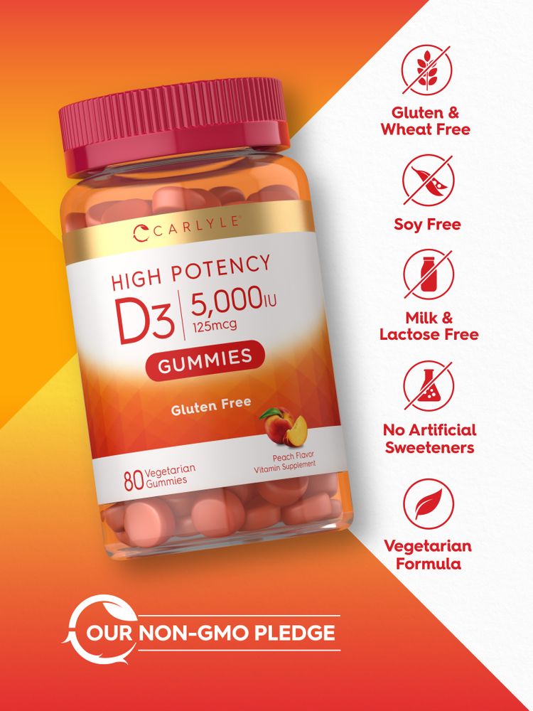 Peach flavor Vitamin D3 5,000IU 125mcg gummies, 80 count, shown on a hand scale as part of a bulk scale image type.