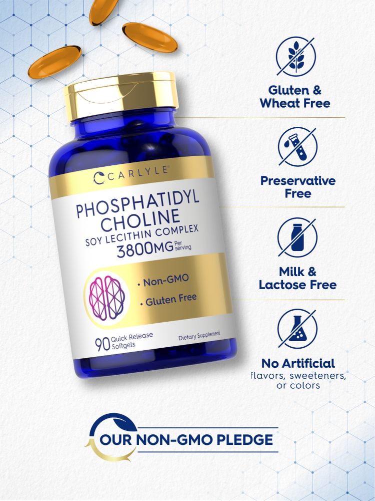 Carlyle Phosphatidyl Choline Soy Lecithin Complex 3800mg in 90 quick release softgels with a hand for scale.