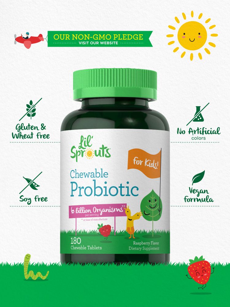Probiotic bottle pledging non-GMO, gluten & wheat free, soy free, no artificial colors, with a vegan formula.