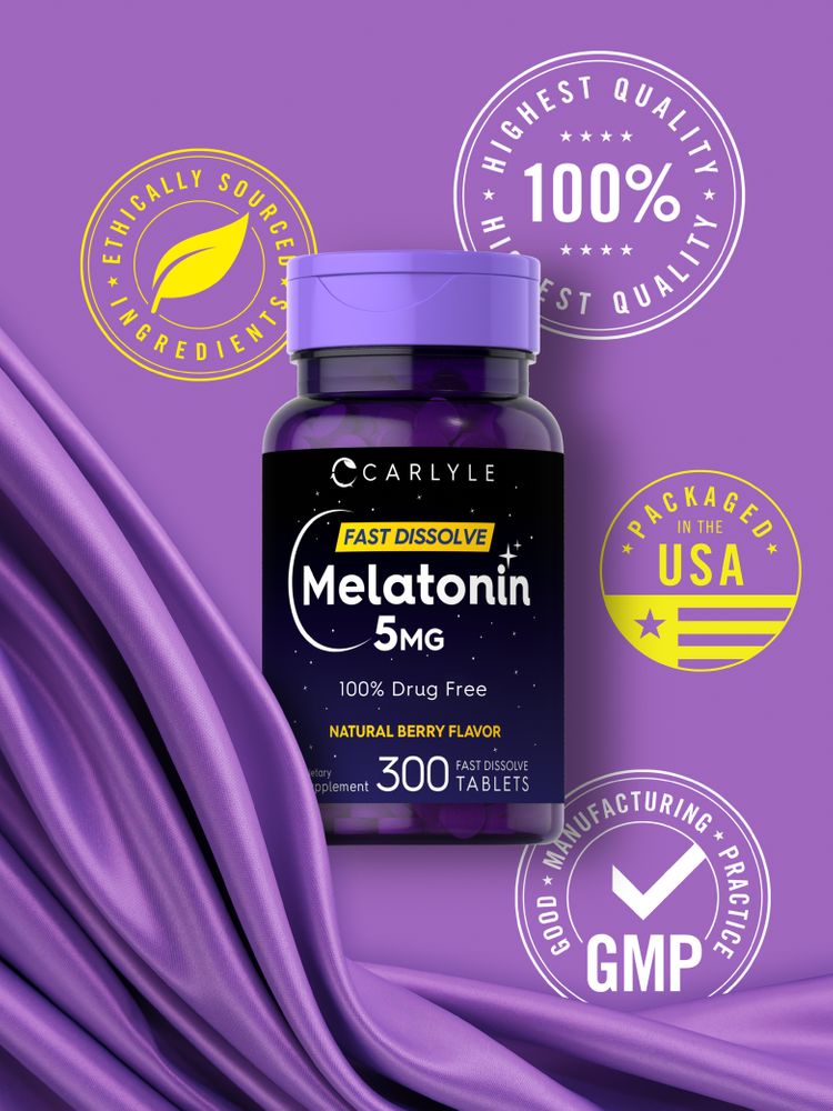 A scale with a bottle of Melatonin 5 mg featuring 300 fast dissolve tablets.
