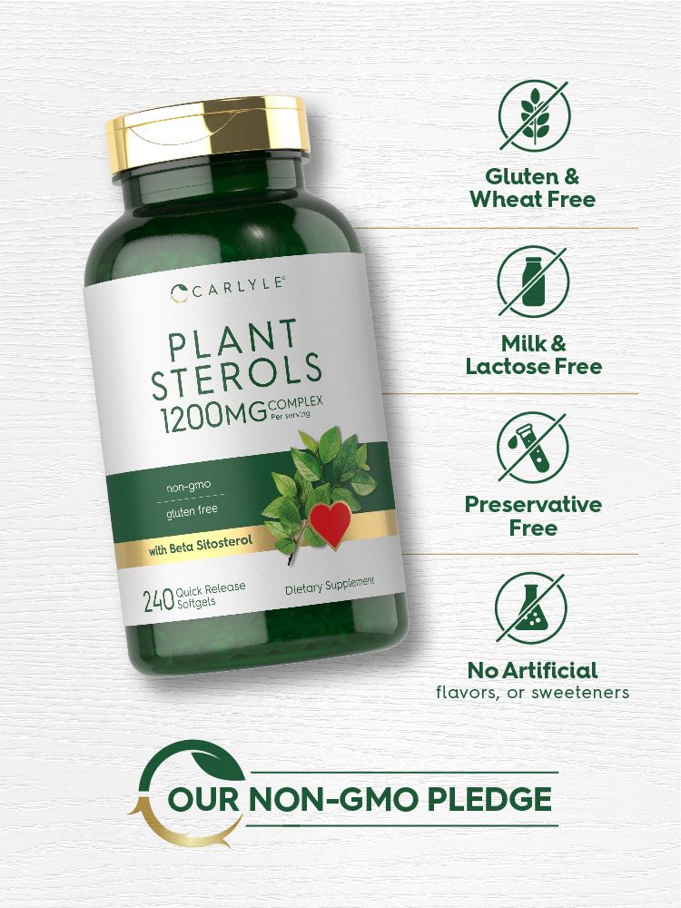 Bottle of Plant Sterols: Gluten, Wheat, Milk, Lactose Free; Preservative Free; No Artificial flavors or sweeteners; Non-GMO.