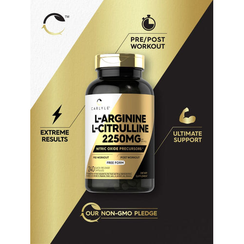 View 5 Hand holding Carlyle L-Arginine L-Citrulline 2250mg quick release capsules, showing bulk scale.