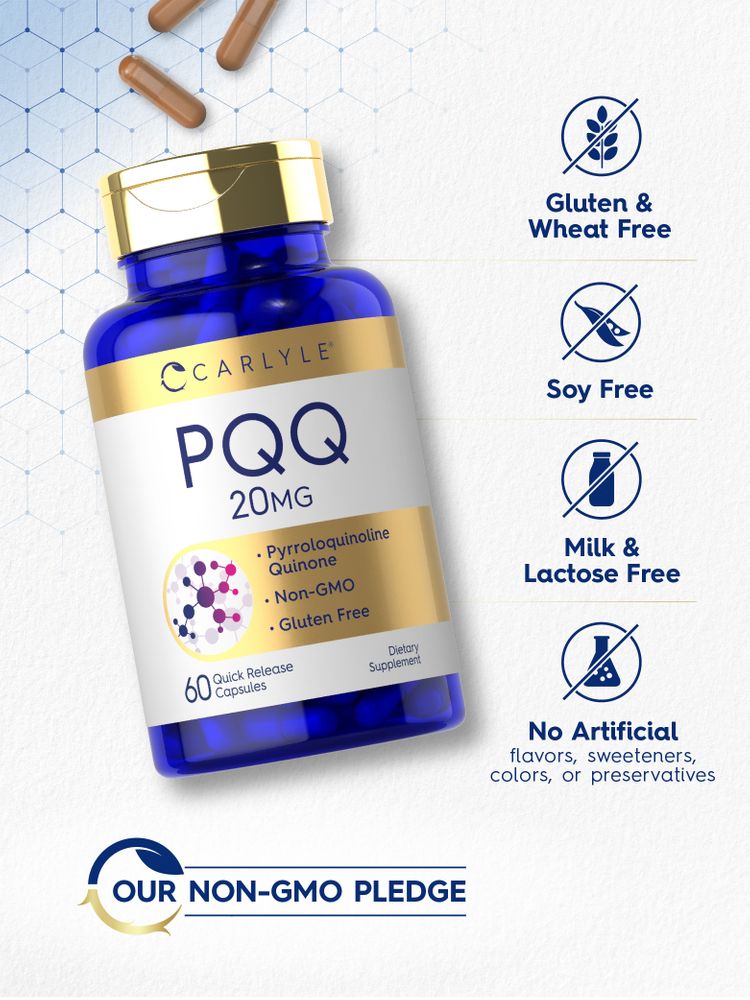 Hand holding brown PQQ 20 mg Quick Release Capsules, depicting size and packaging for clear product understanding.