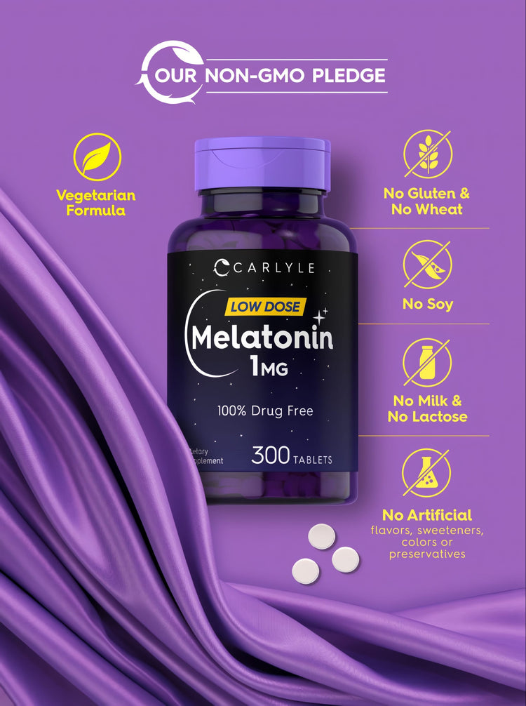 Carlyle Melatonin 1MG, 300 tablets shown with three white round tablets visible.