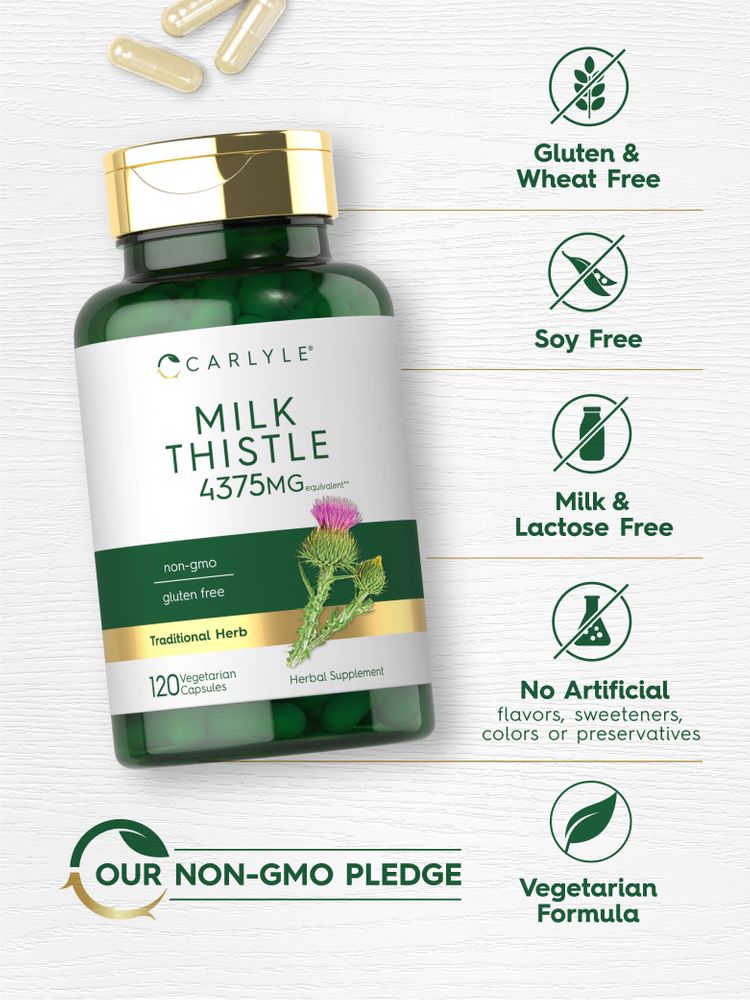 A hand holding several light beige vegetarian capsules for Carlyle Milk Thistle 4375mg.