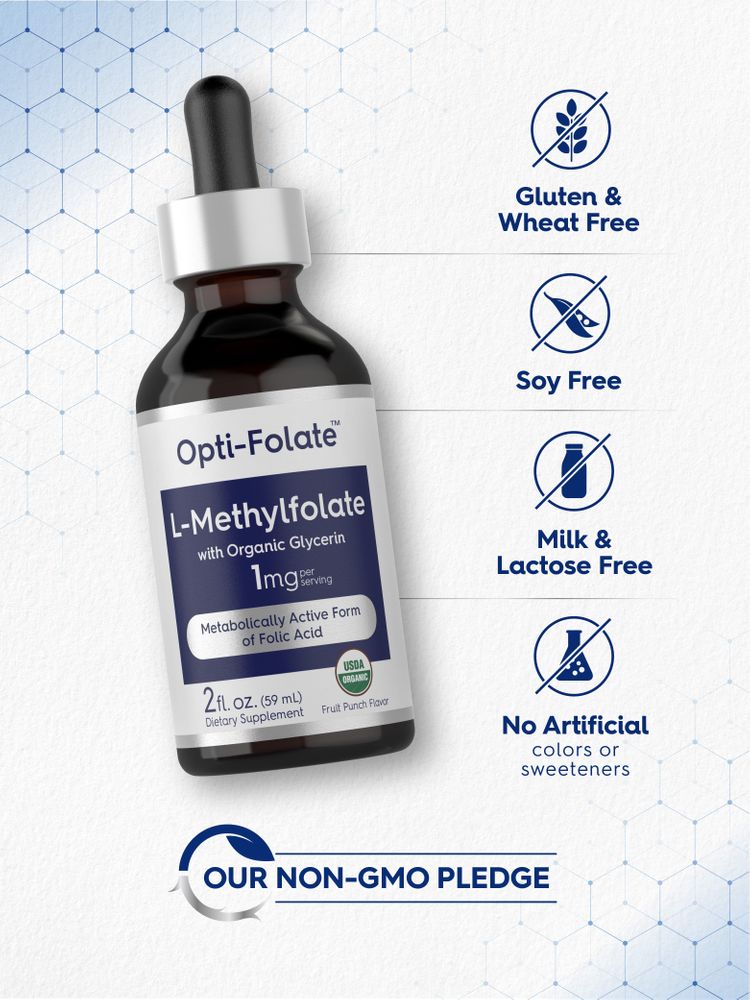 L-Methylfolate Liquid bottle: Gluten & Wheat Free, Soy Free, Milk & Lactose Free, No Artificial colors or sweeteners, OUR NON-GMO PLEDGE.