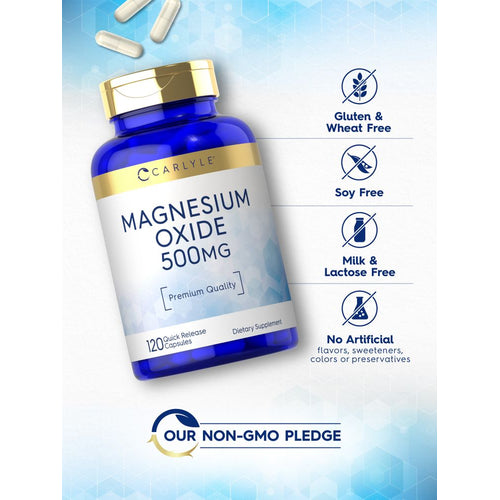 View 5 Hand holding several white capsules of Magnesium Oxide 500 mg, ready for weighing on a scale, emphasizing supplement dosage.