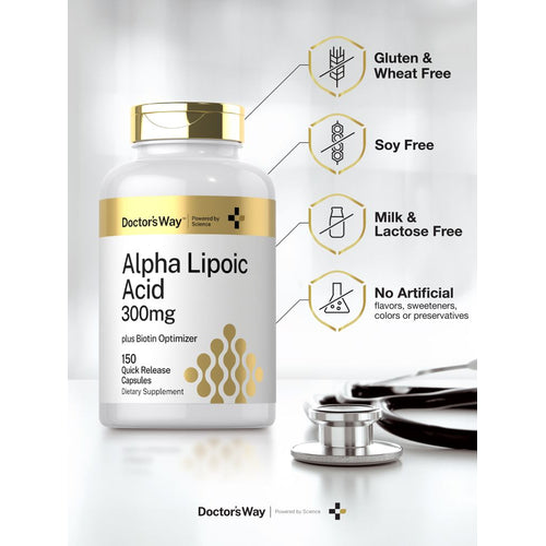 View 5 Doctor's Way Alpha Lipoic Acid 300mg, 150 quick release capsules shown on a hand scale.