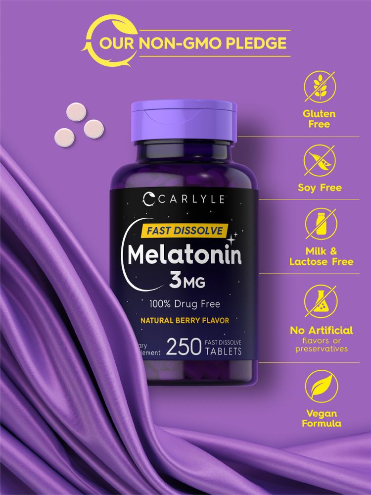A hand holding three round white 3mg Fast Dissolve Melatonin tablets.