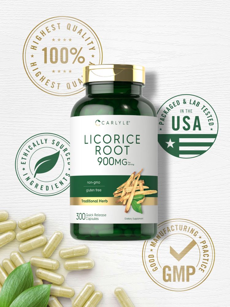 Bottle of 300 quick release capsules containing 900 mg Licorice Root, placed on a hand scale for weighing.