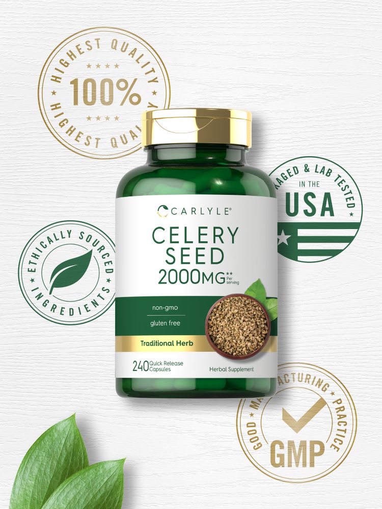 Carlyle Celery Seed 2000 mg 240 Quick Release Capsules bottle next to a bowl of celery seeds.