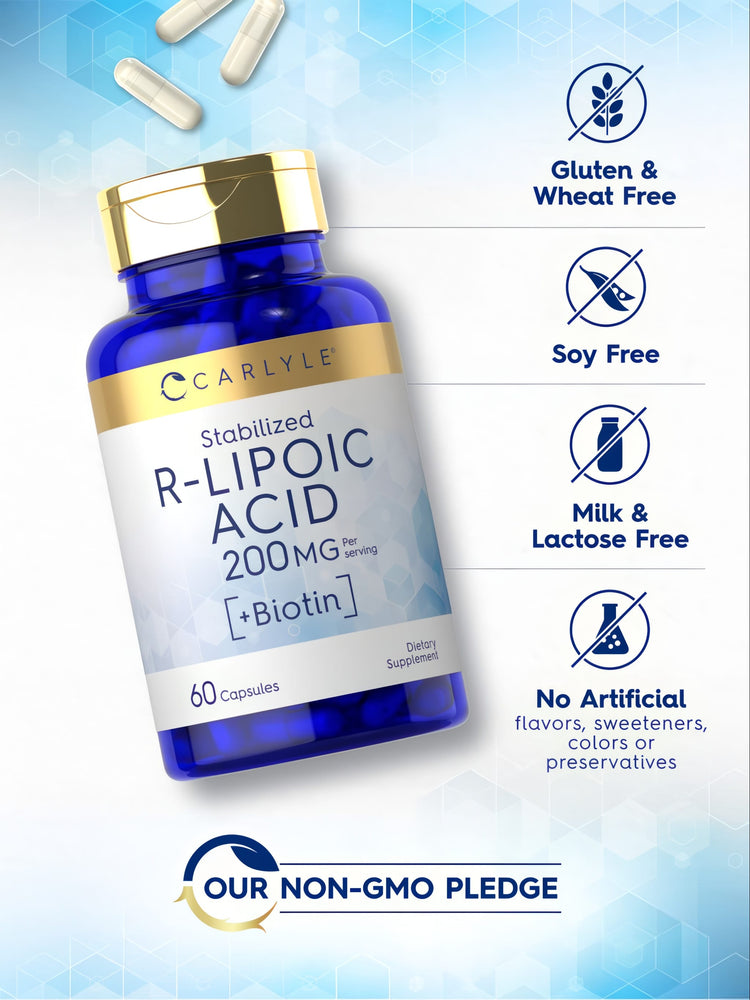 R-Lipoic Acid bottle: Gluten & Wheat Free, Soy Free, Milk & Lactose Free, No Artificial Flavors/Sweeteners/Colors/Preservatives, Non-GMO
