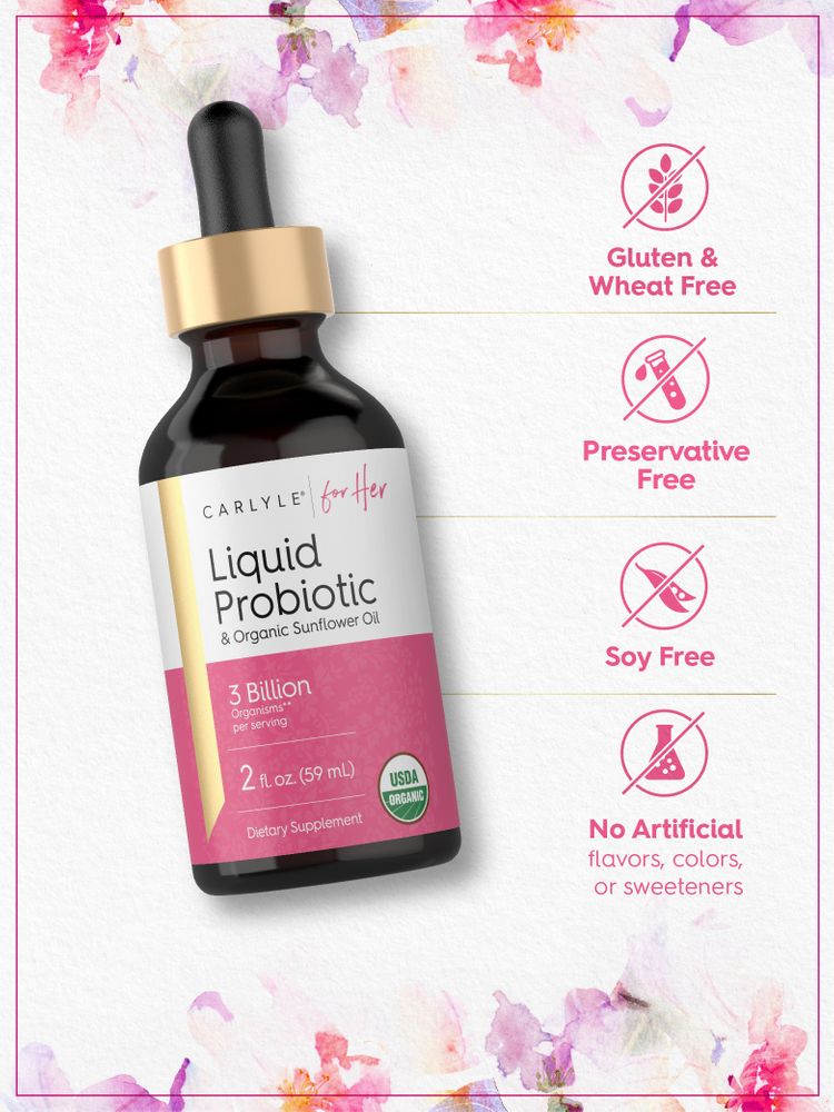 A 2 fl. oz. (59 mL) Carlyle Liquid Probiotic bottle held in a hand, highlighting scale and size.