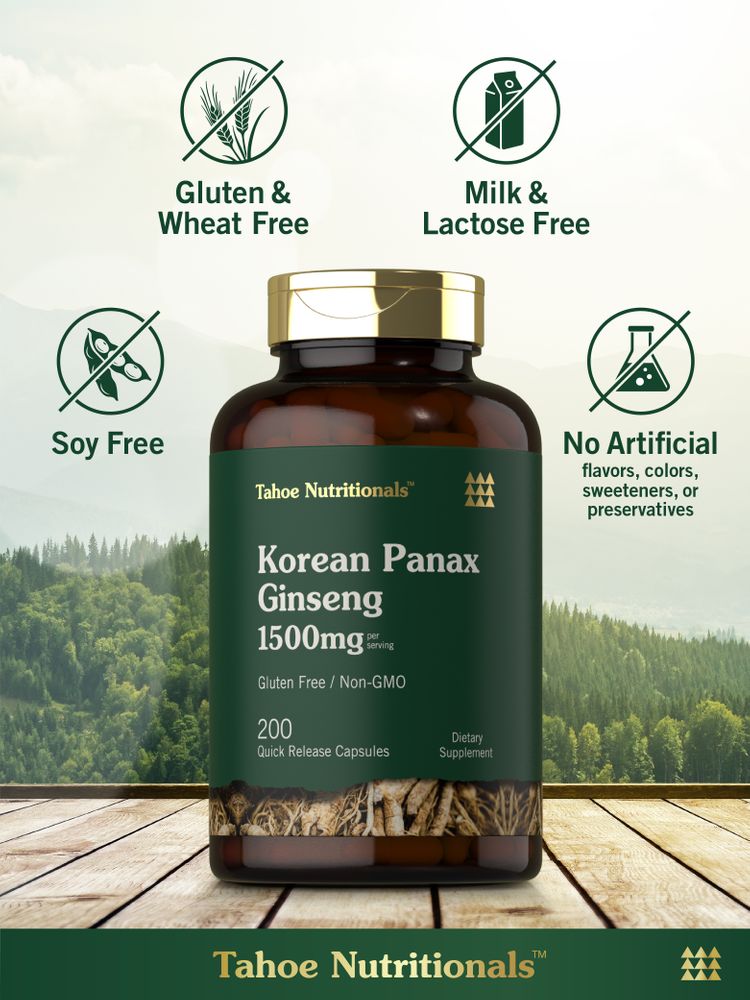 Korean Panax Ginseng bottle: Gluten & Wheat Free, Milk & Lactose Free, Soy Free, No Artificial Flavors/Colors/Sweeteners/Preservatives